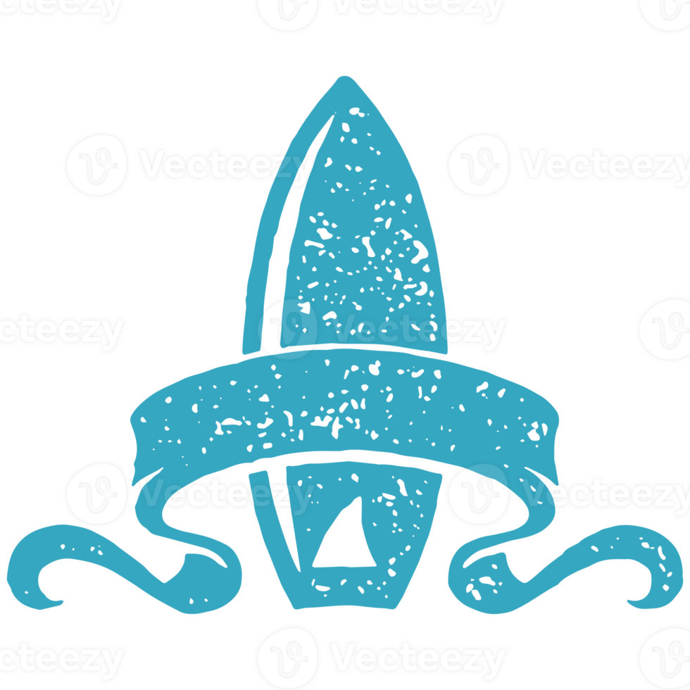 Standing surfboard decorated by tissue festive ribbon blue hand drawn grunge texture png