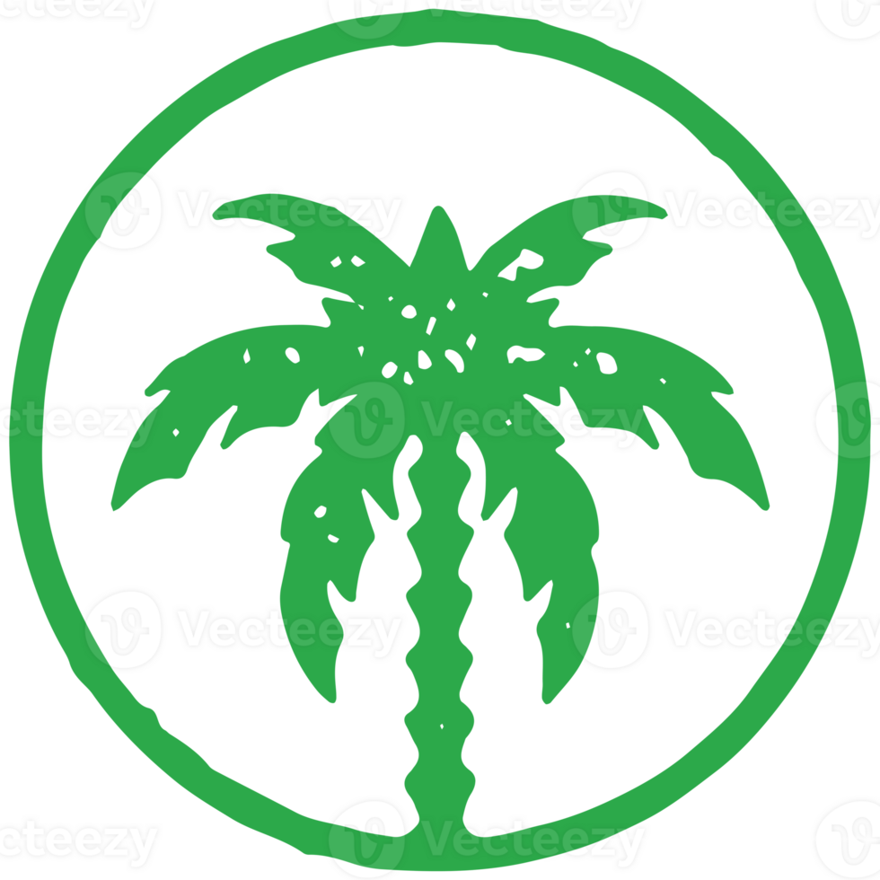 Green palm tree with ornamental trunk and lush foliage leaves in circle frame summer resort png