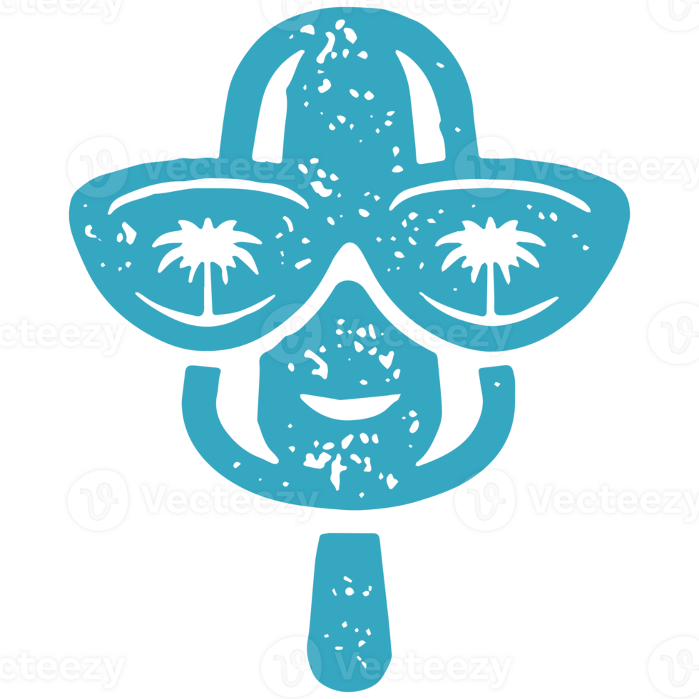 Funny ice cream on wooden stick wearing sunglasses with palm tree reflection summer vacation png