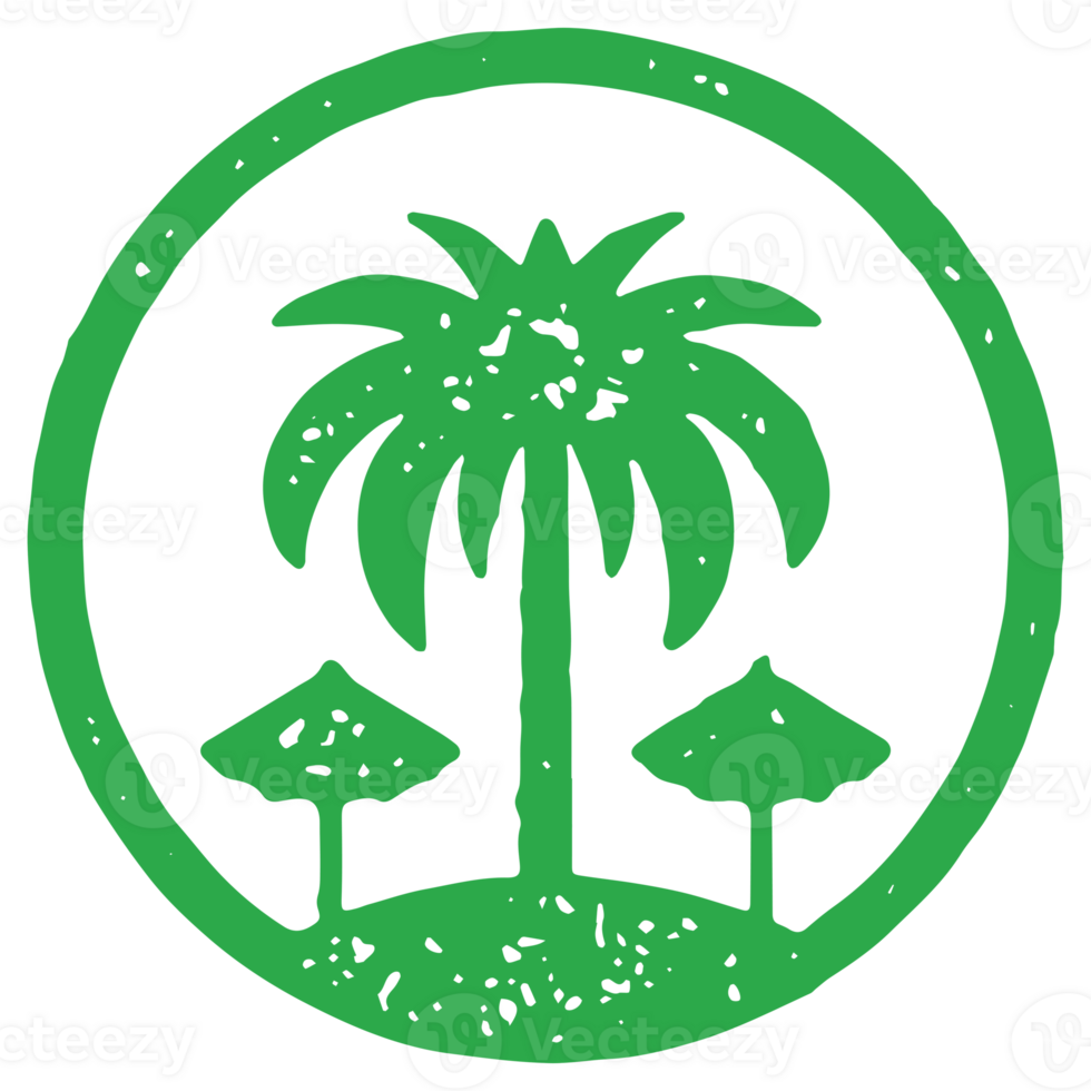 Tropical luxury resort with palm tree and two sunbathing umbrella in circle frame green hand drawn png