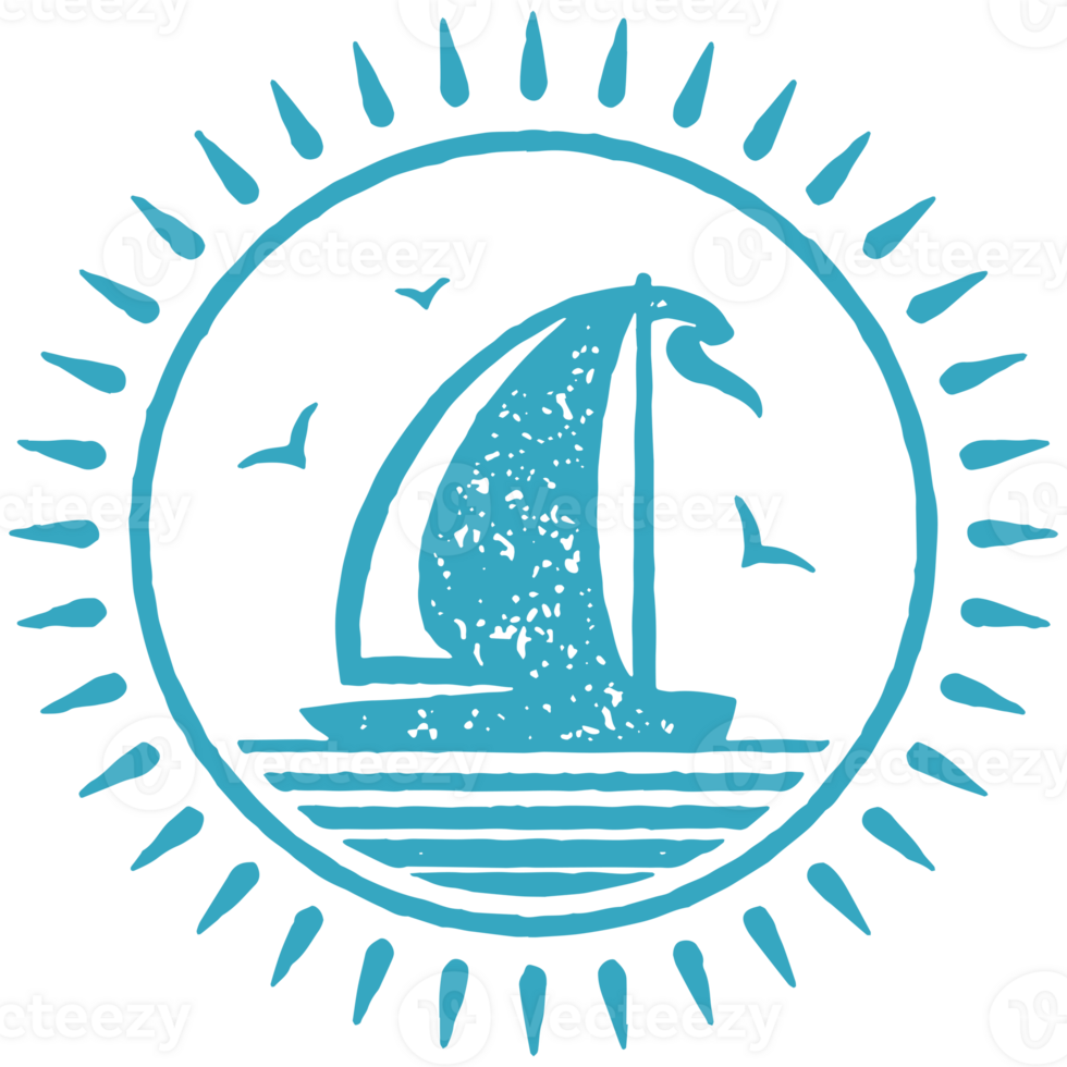 Sailing boat floating on sea with seagulls circle blue hand drawn logotype grunge texture png