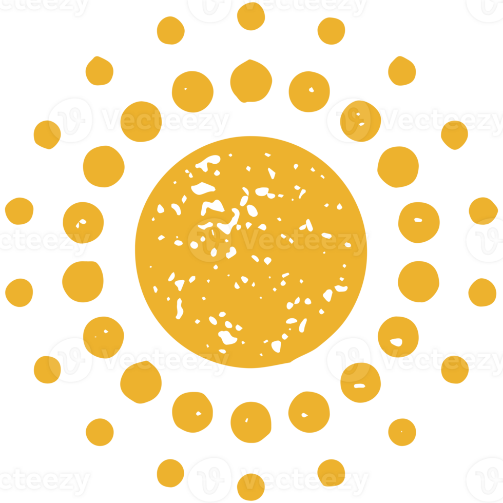 Cute bright yellow circle sun with rounded pint abstract rays hand drawn grunge texture png