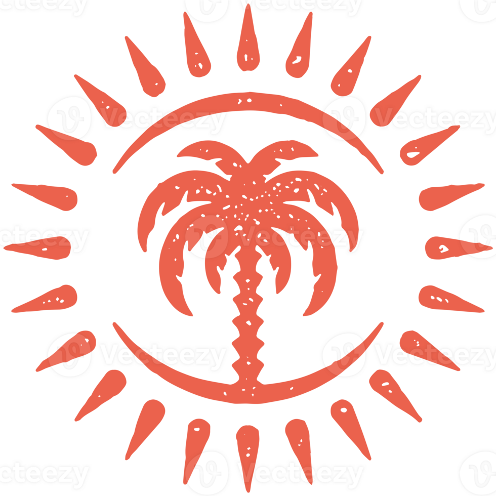 Decorative summer travel vacation logotype red palm tree circle sun beams hand drawn grunge texture png