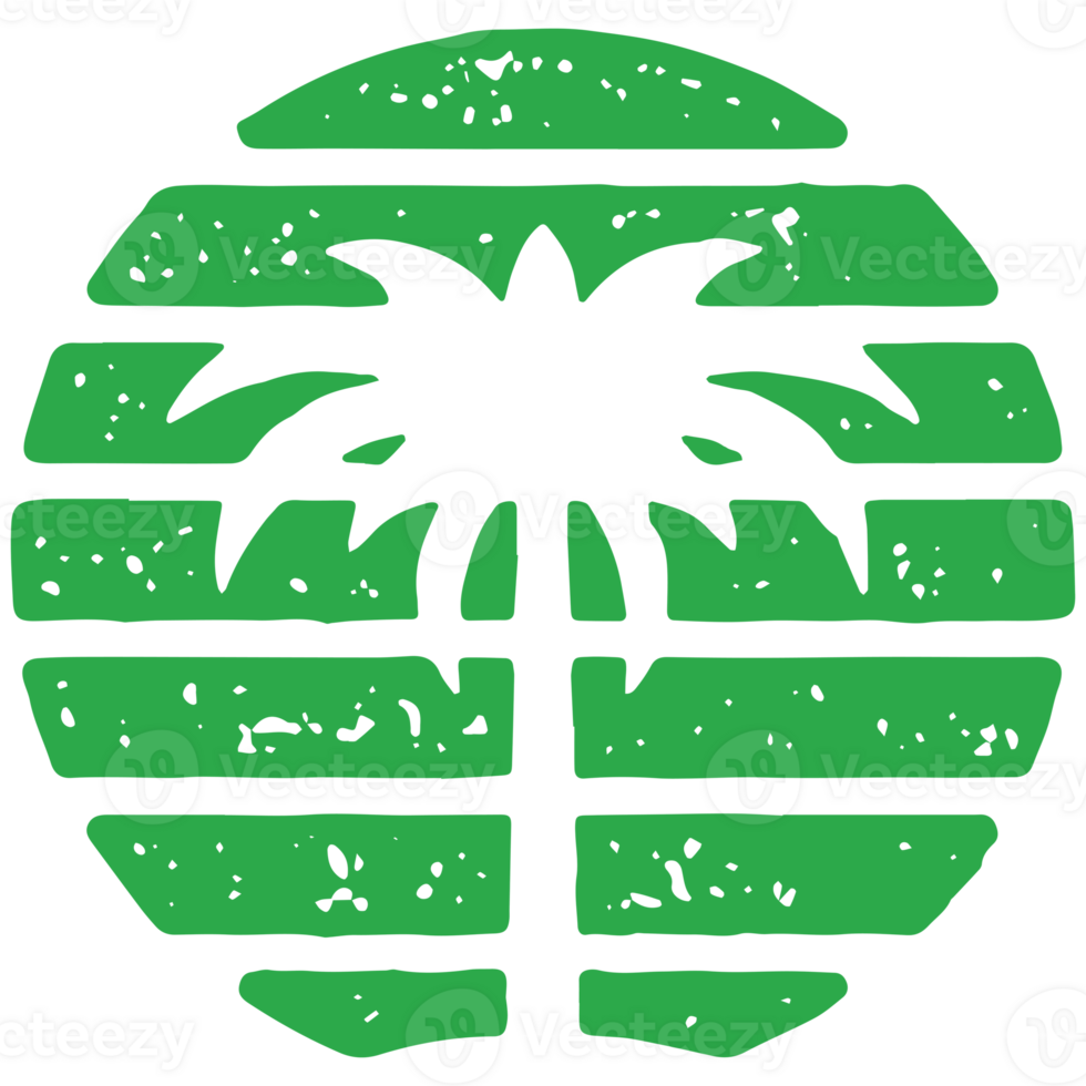Vintage summer resort logo palm tree in circle striped frame hand drawn grunge texture png