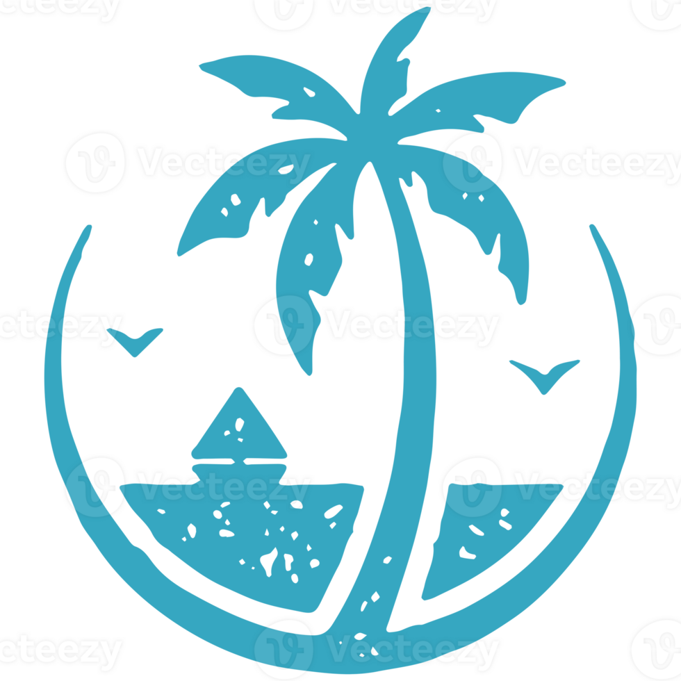 Blue hand drawn summer vacation circle emblem with palm tree, beach, sailboat and seagulls png