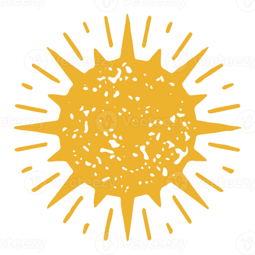 Amazing natural yellow hand drawn abstract sun with sharp thorn shining beams sparkle grunge texture png