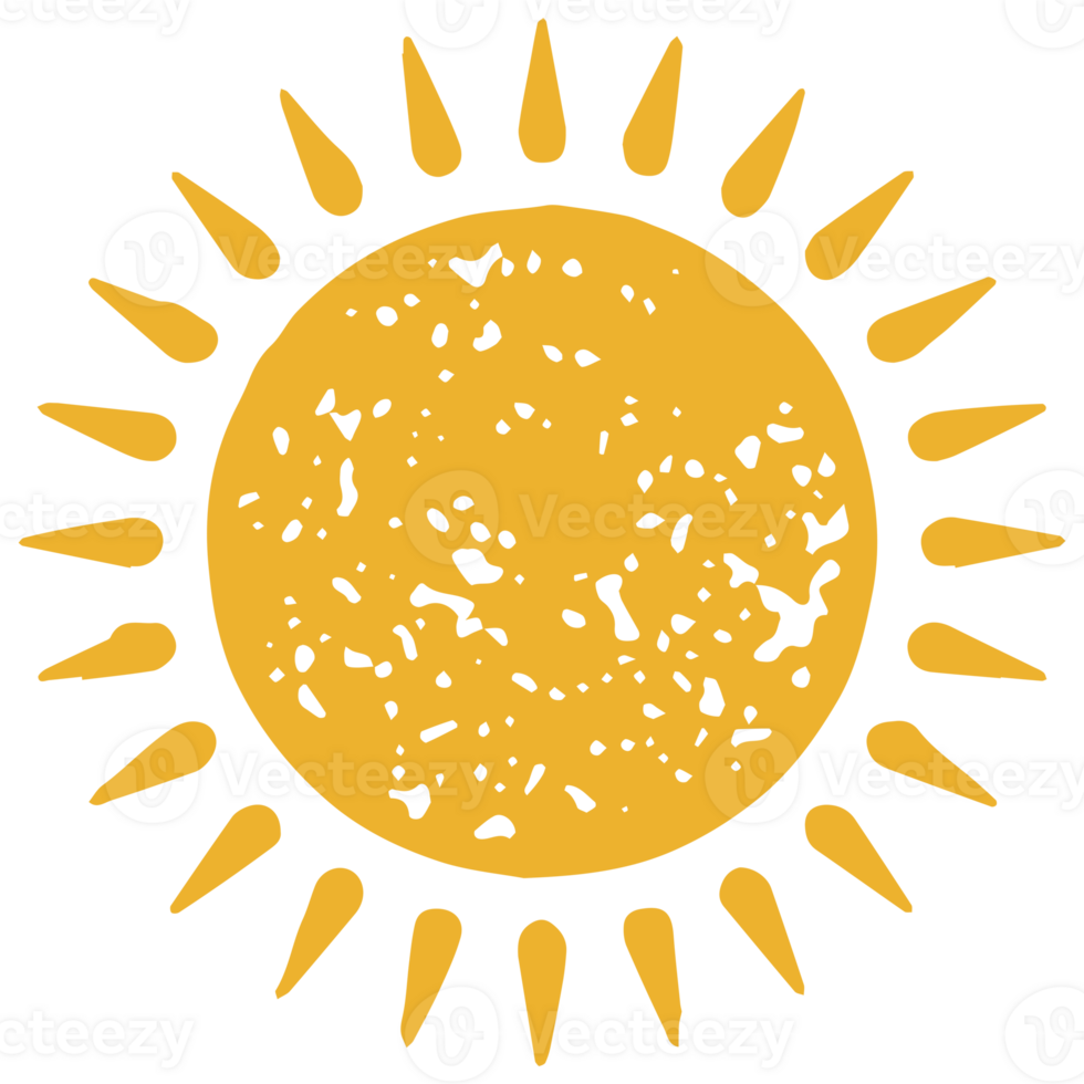 Decorative yellow circle sun surrounded by shining beams drop shape hand drawn grunge texture png