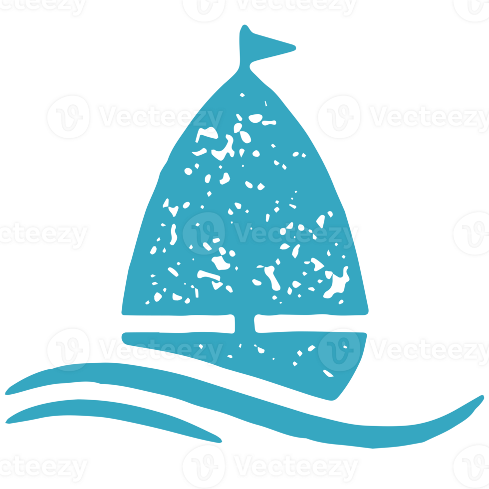 Cute sail boat floating surrounded by sea wave open water surface blue hand drawn grunge texture png