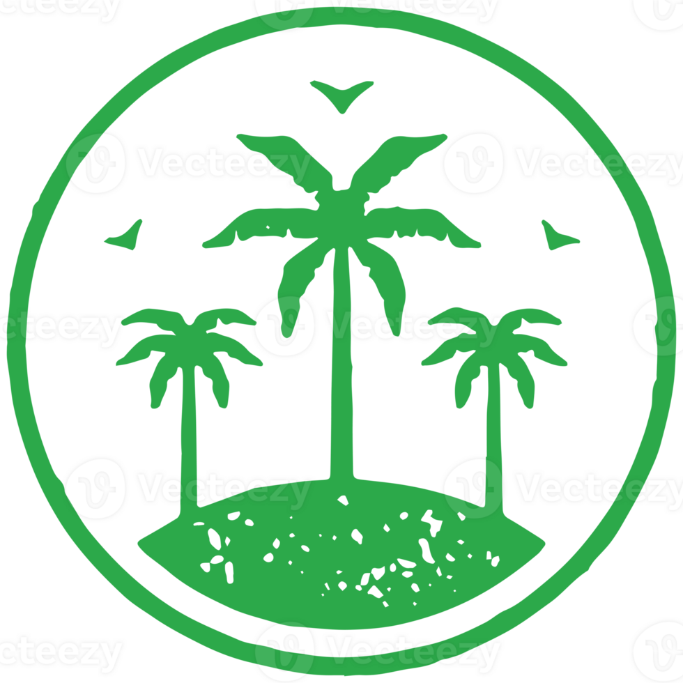 Uninhabited sea island with palm trees jungle and flying seagulls green circle logo grunge texture png