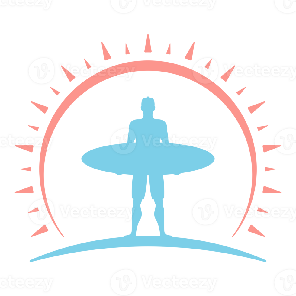 Male surfer holds a board hand drawn silhouette retro illustration png