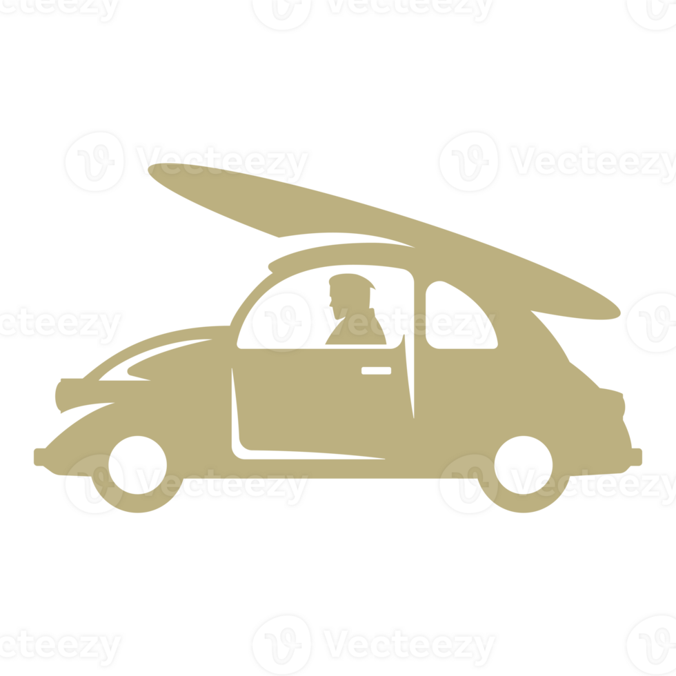 Small retro car with surfboard on the roof png