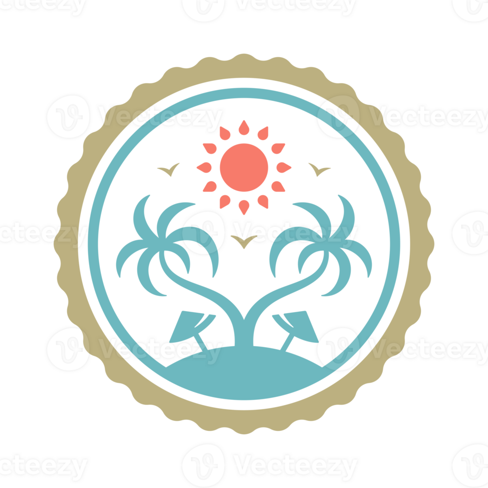 Palm tree hand drawn silhouette retro illustration in sircle frame png