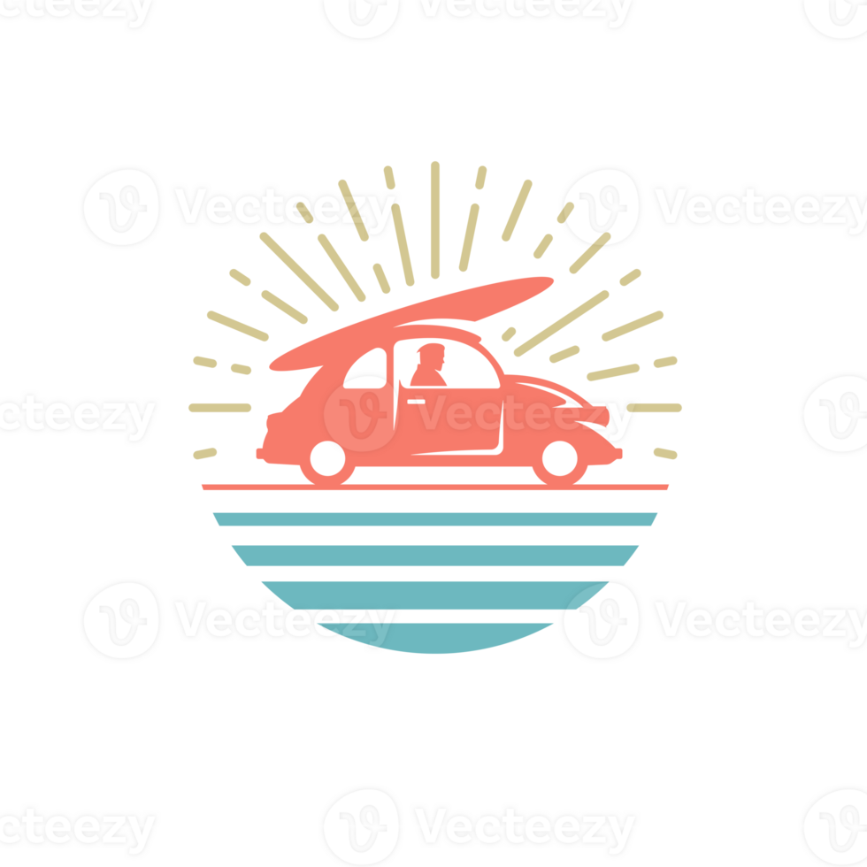 Small retro car with surfboard on the roof png