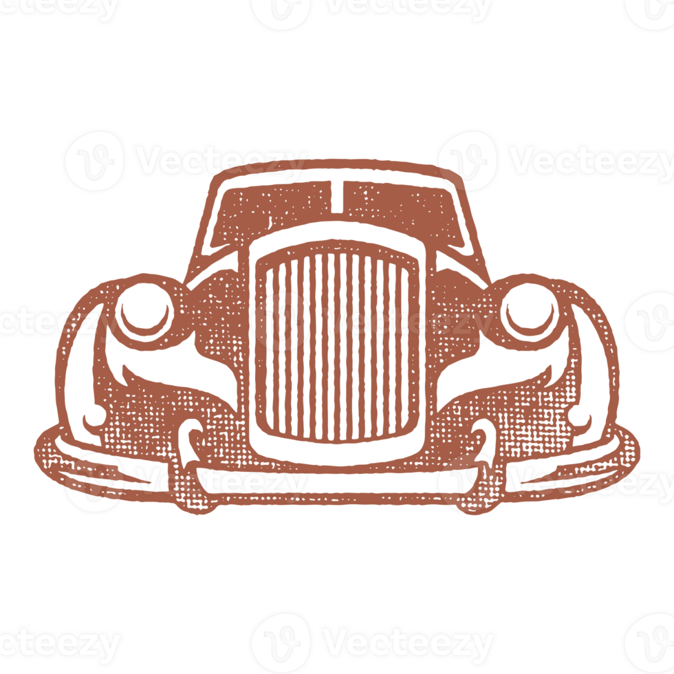 Old classic car silhouette hand drawn ink stamp vintage illustration. png