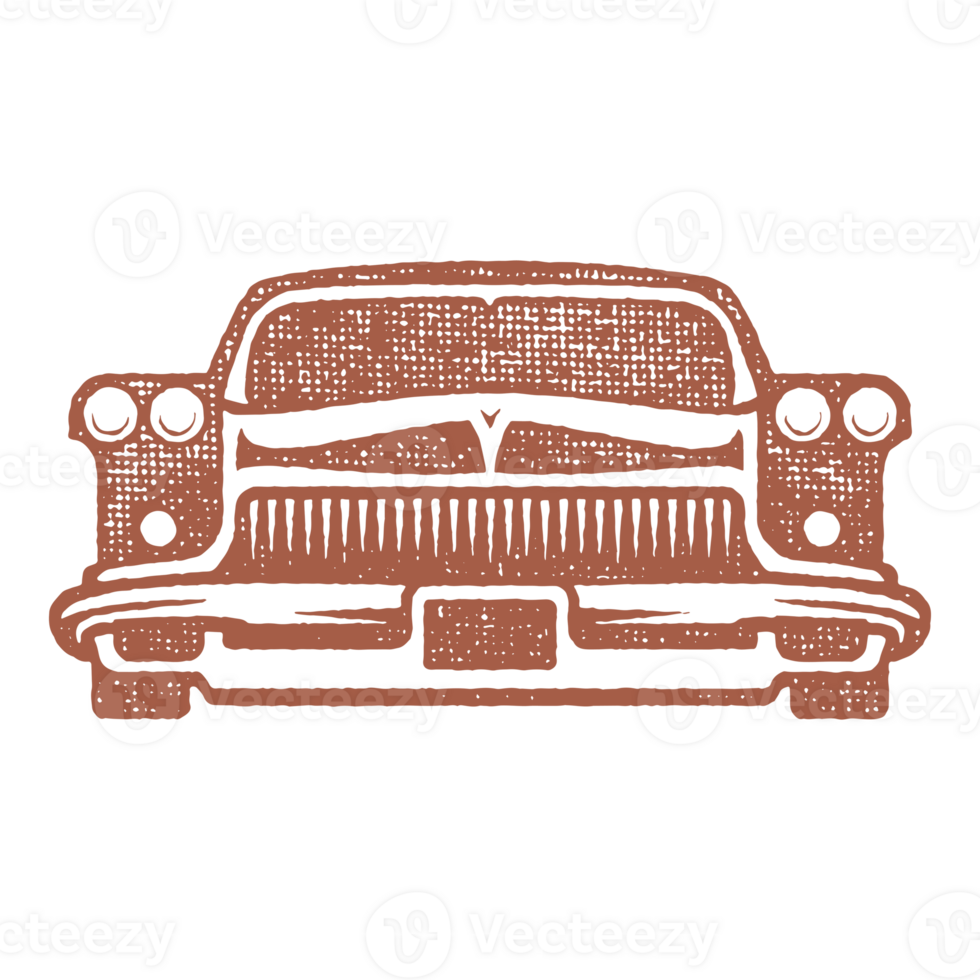 Old classic car silhouette hand drawn ink stamp vintage illustration. png