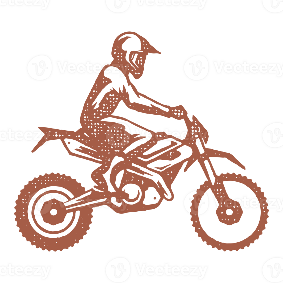 Man rider on motocross motorcycle silhouette hand drawn ink stamp vintage illustration. png