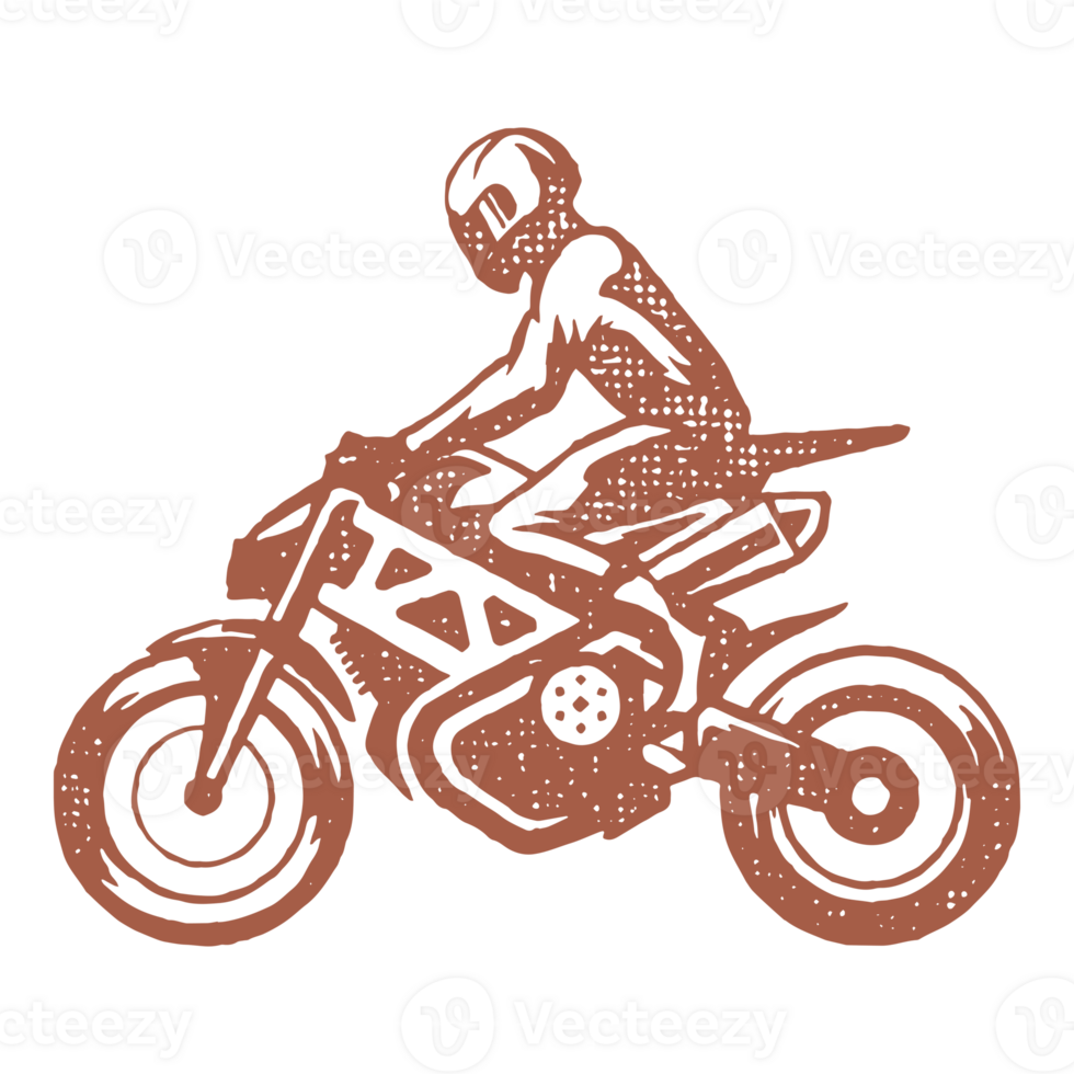 Man rider on motorcycle silhouette hand drawn ink stamp vintage illustration. png
