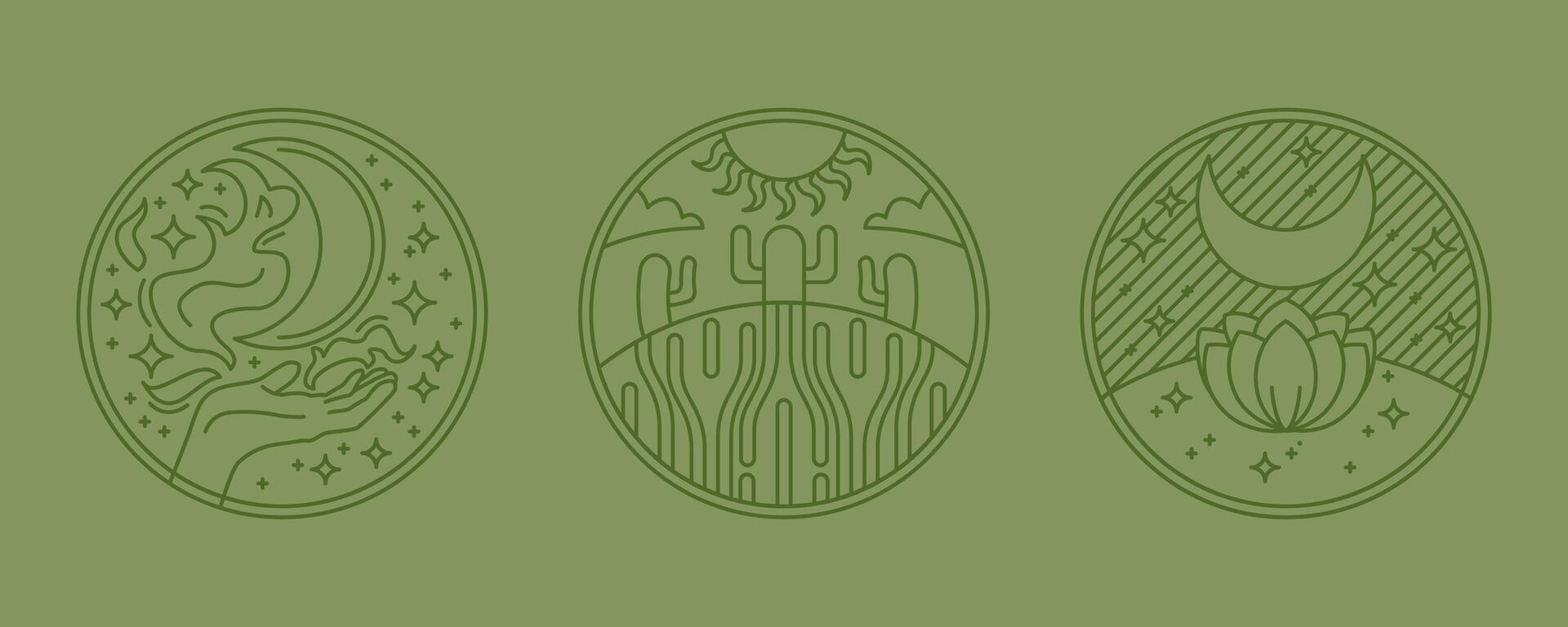 Desert oasis khaki boho logo set. sand, sun, moon, lotus. stars landscape aesthetic icon. vector