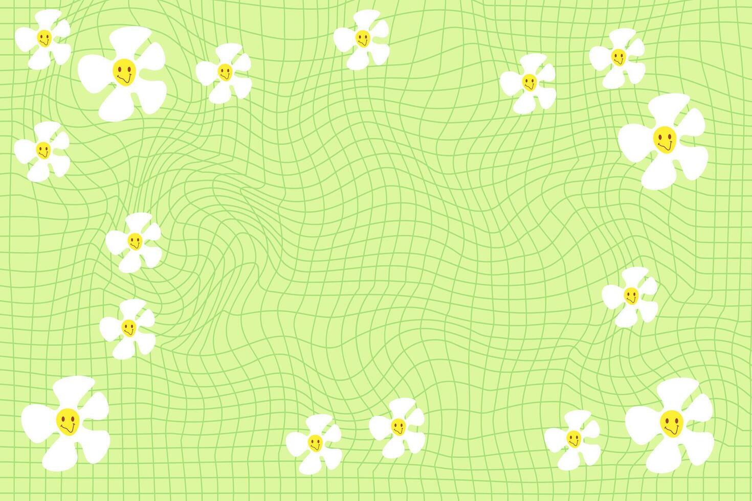 Green groovy psychedelic checkerboard pattern with white daisy flowers. vector