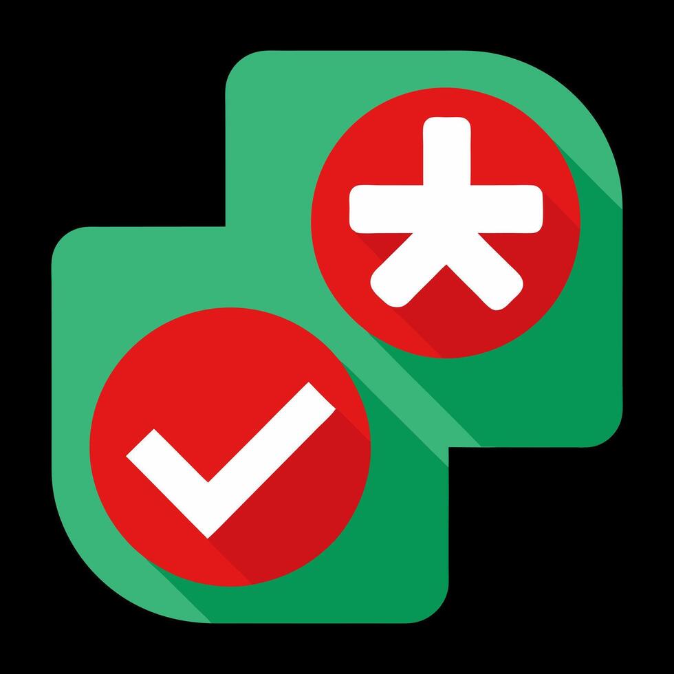 Green check mark and red cross icon set. Circle and square. Tick symbol in green color, vector