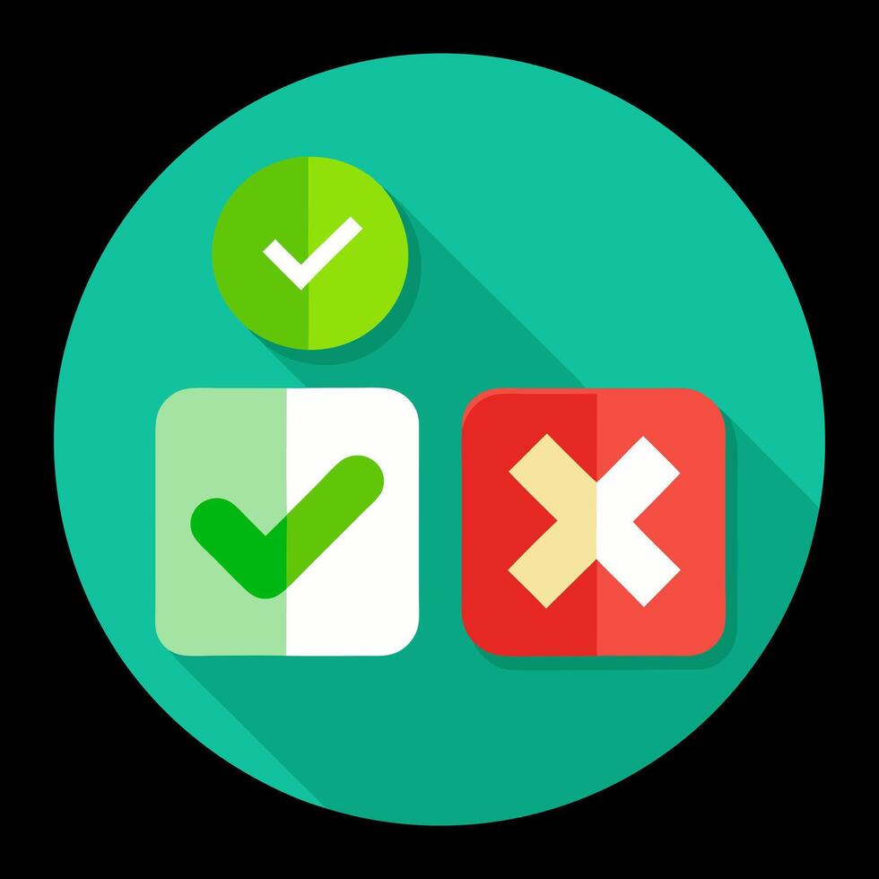 Green check mark and red cross icon set. Circle and square. Tick symbol in green color, vector