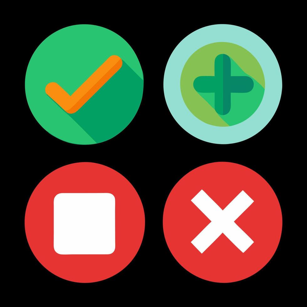 Green check mark and red cross icon set. Circle and square. Tick symbol in green color, vector