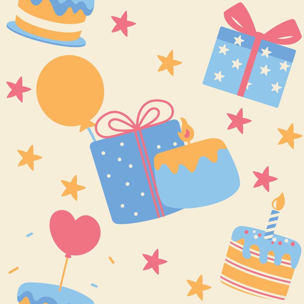 Cute Birthday Cake Gift Box Seamless Pattern Motif Illustration on Cream Background vector