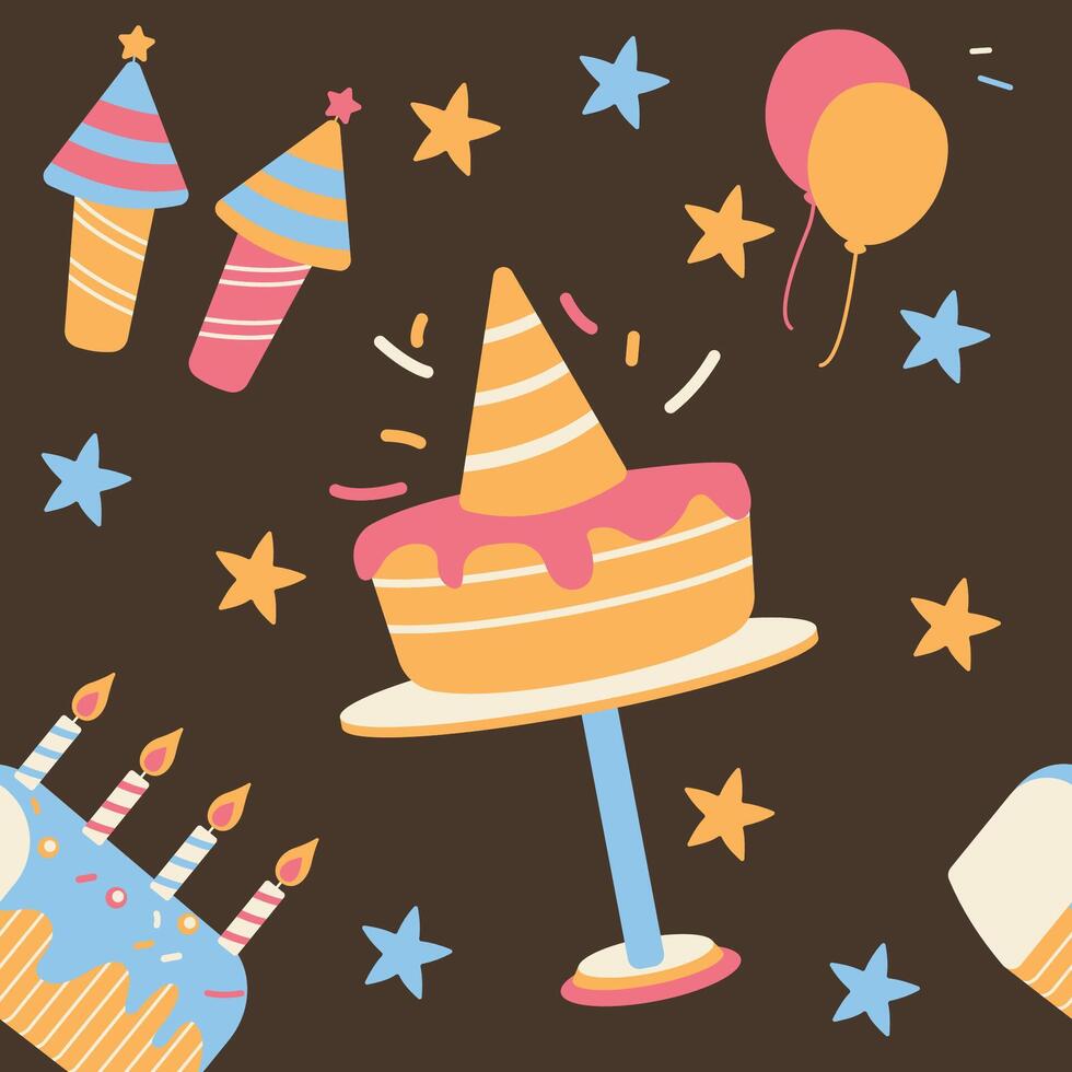 Cute Birthday Cake Cupcake Seamless Pattern Motif Decoration Illustration on Brown Background vector