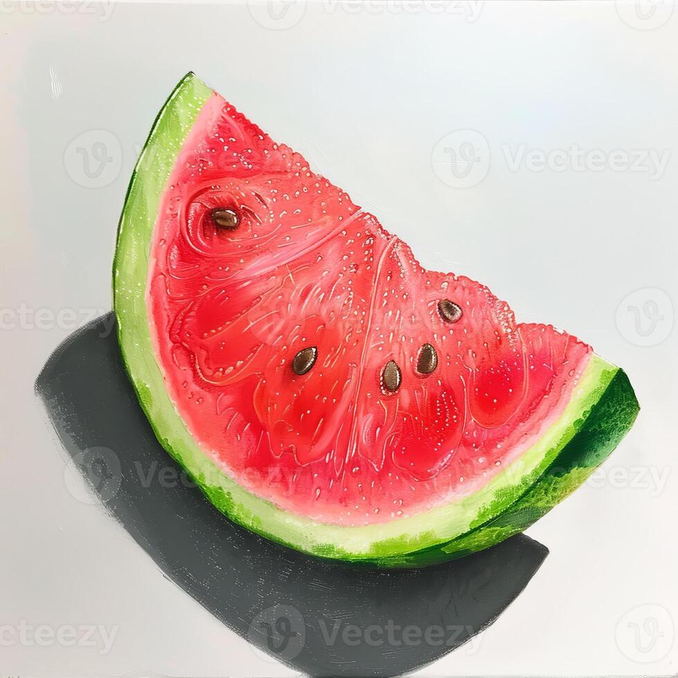 A Fresh Slice of Watermelon With Seeds and a Drop of Water on a White Background photo