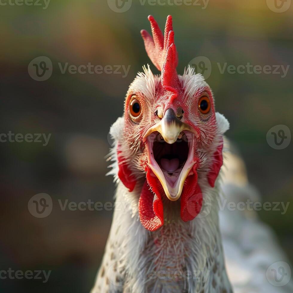Close Up of a White Hen With Red Comb Screaming photo