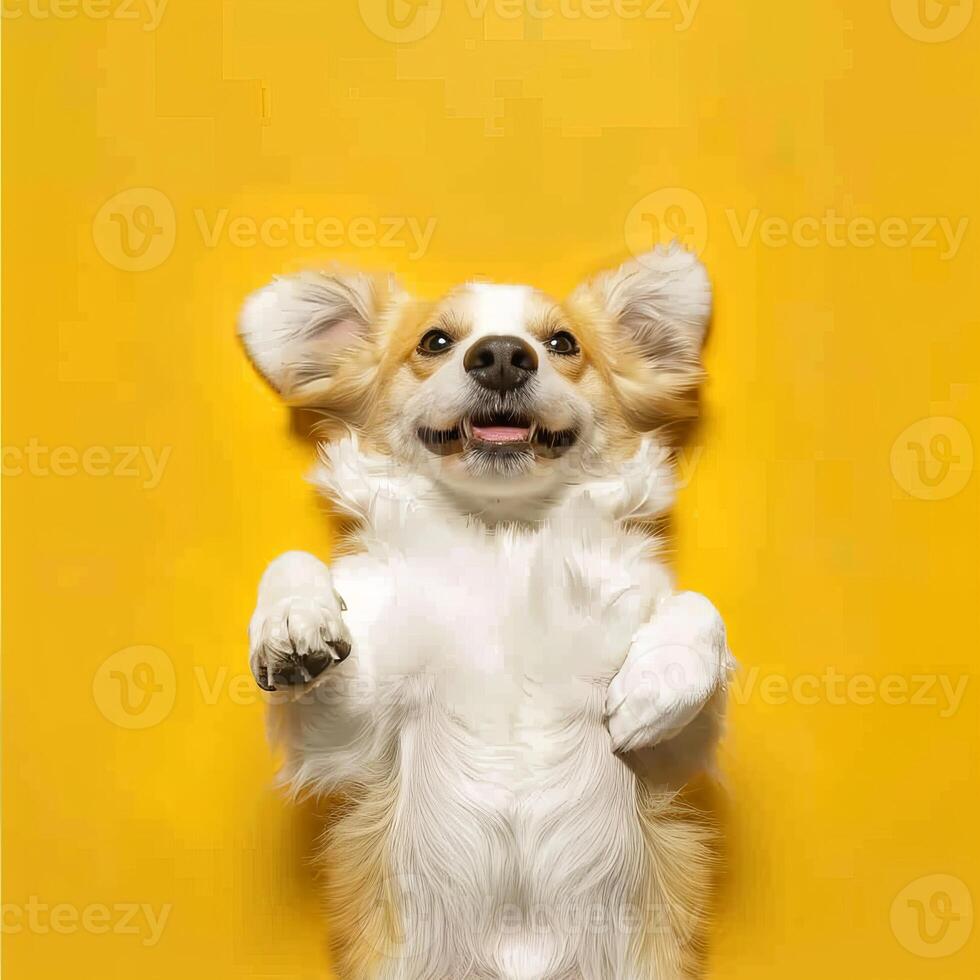 Happy Dog Laying on Its Back on Yellow Background photo
