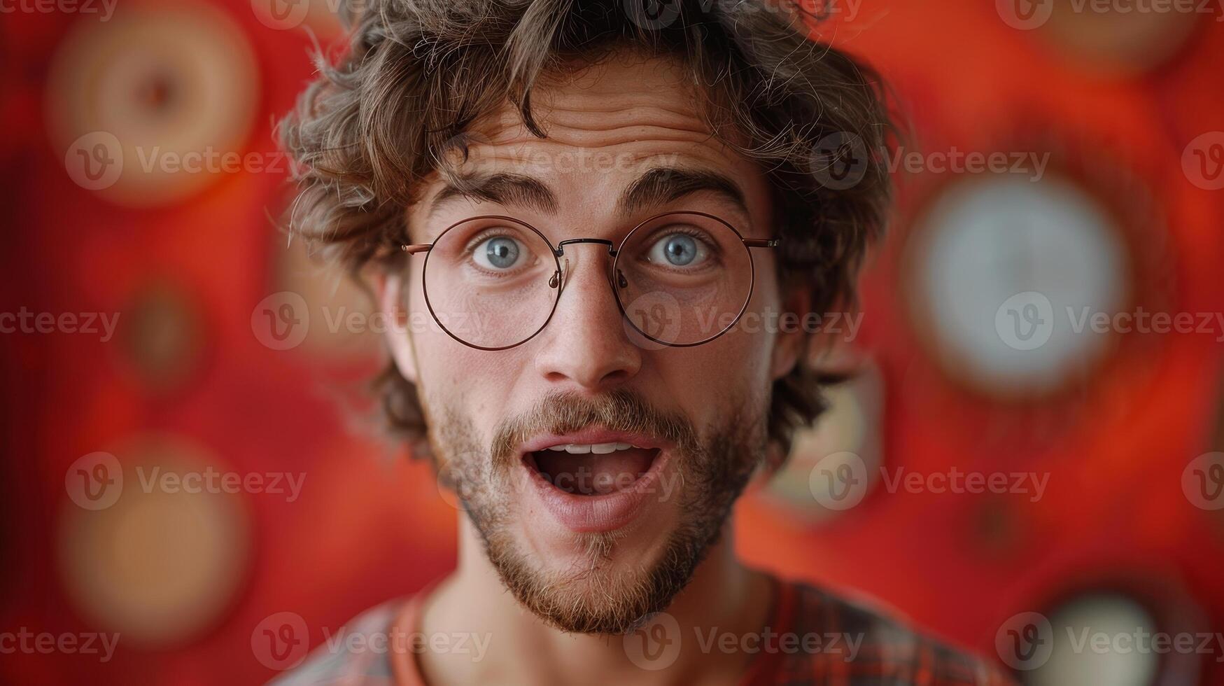 Close Up Portrait of Young Man With Glasses in Front of Red Background photo