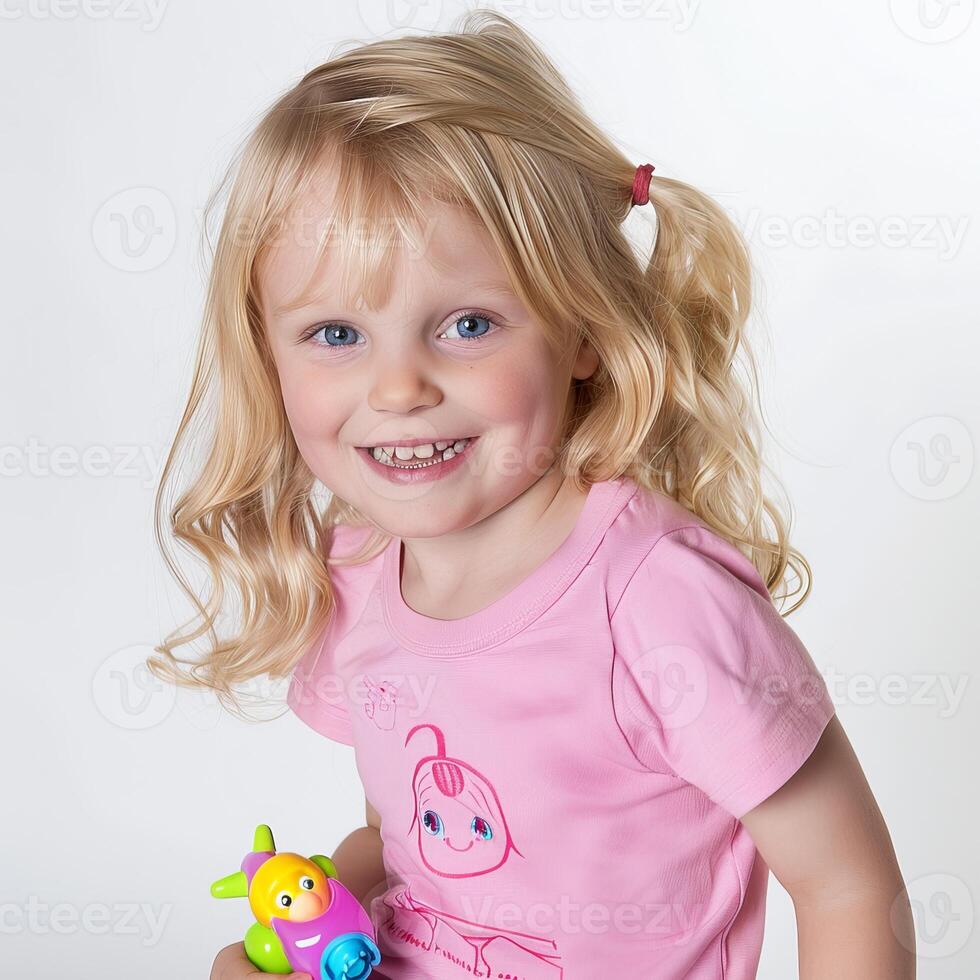 Young Blonde Girl Smiling While Holding a Toy in Pink T-Shirt photo
