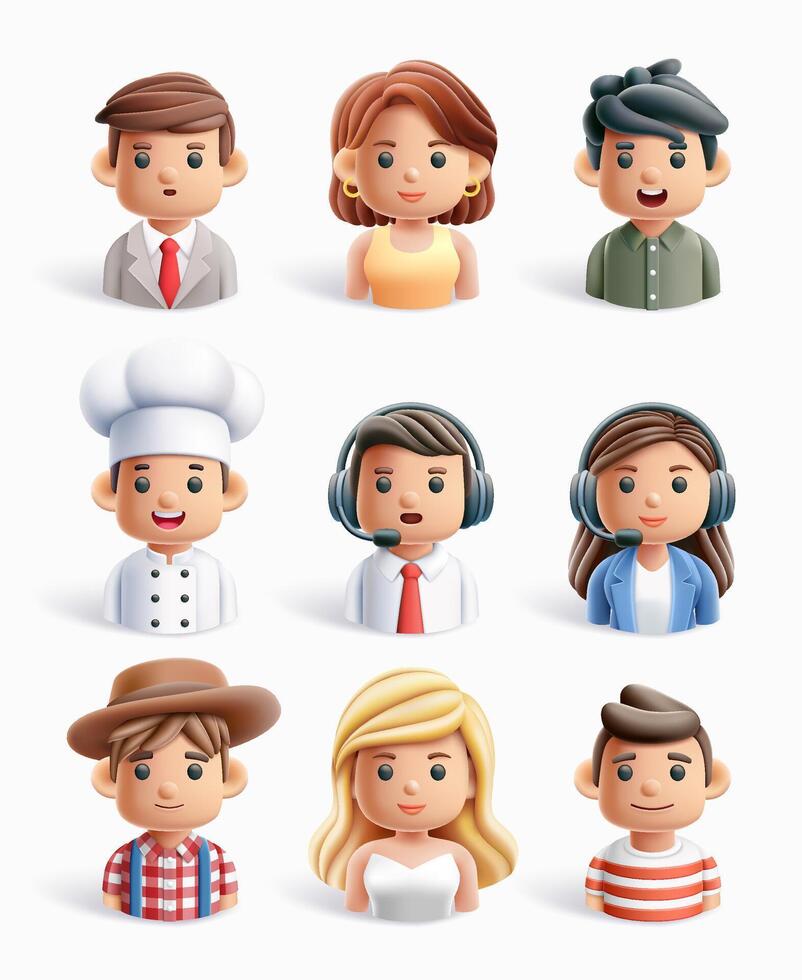 3D cartoon plasticine style avatars, half body, each representing a different profession. vector