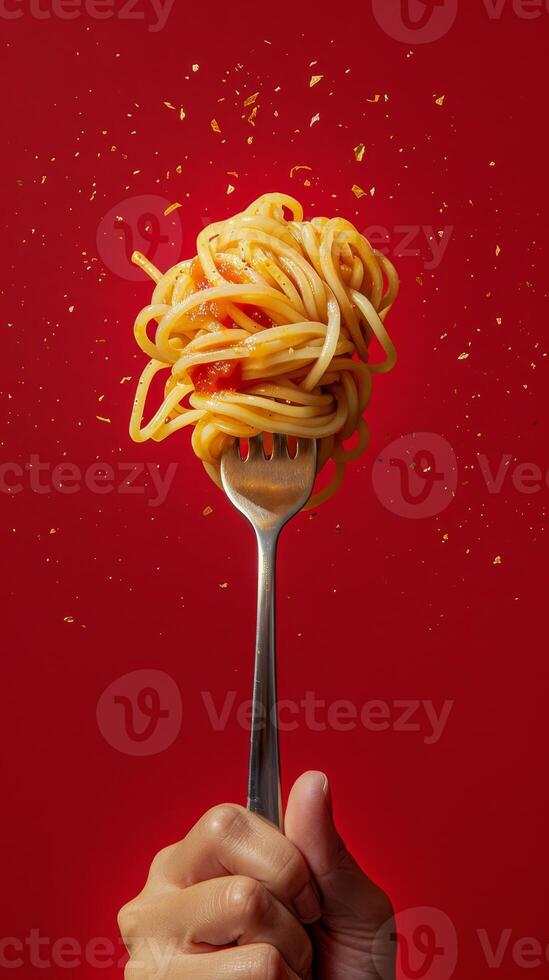 Hand Holding Fork With Spaghetti and Tomato Sauce Against Red Background photo