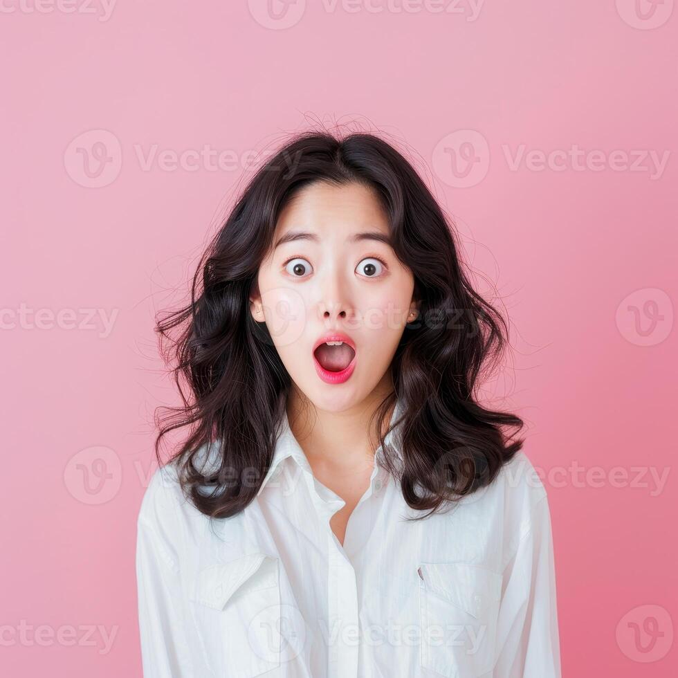 Young Woman With Surprised Expression In Front Of Pink Background photo