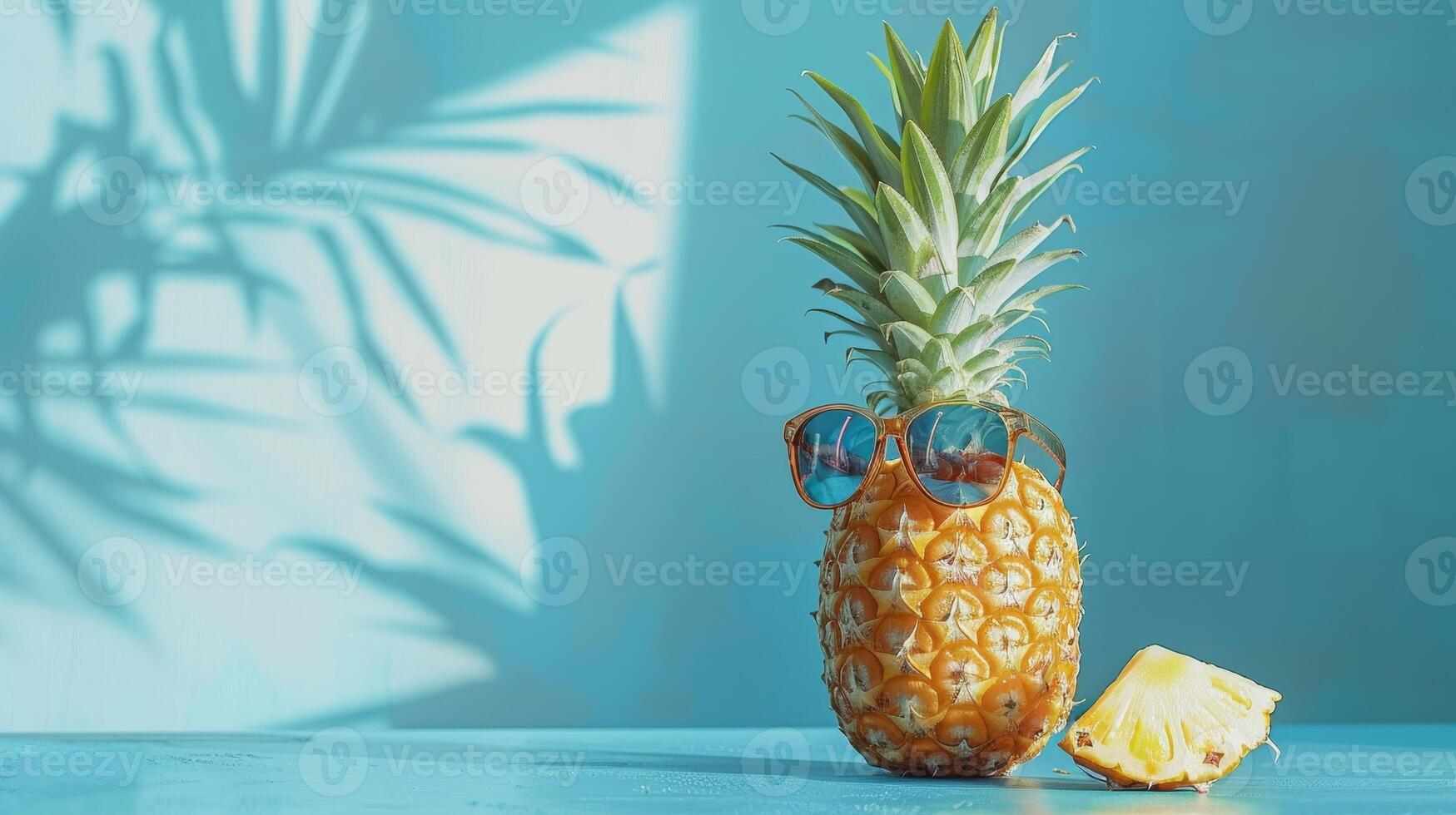 Pineapple Wearing Sunglasses Against a Blue Background photo