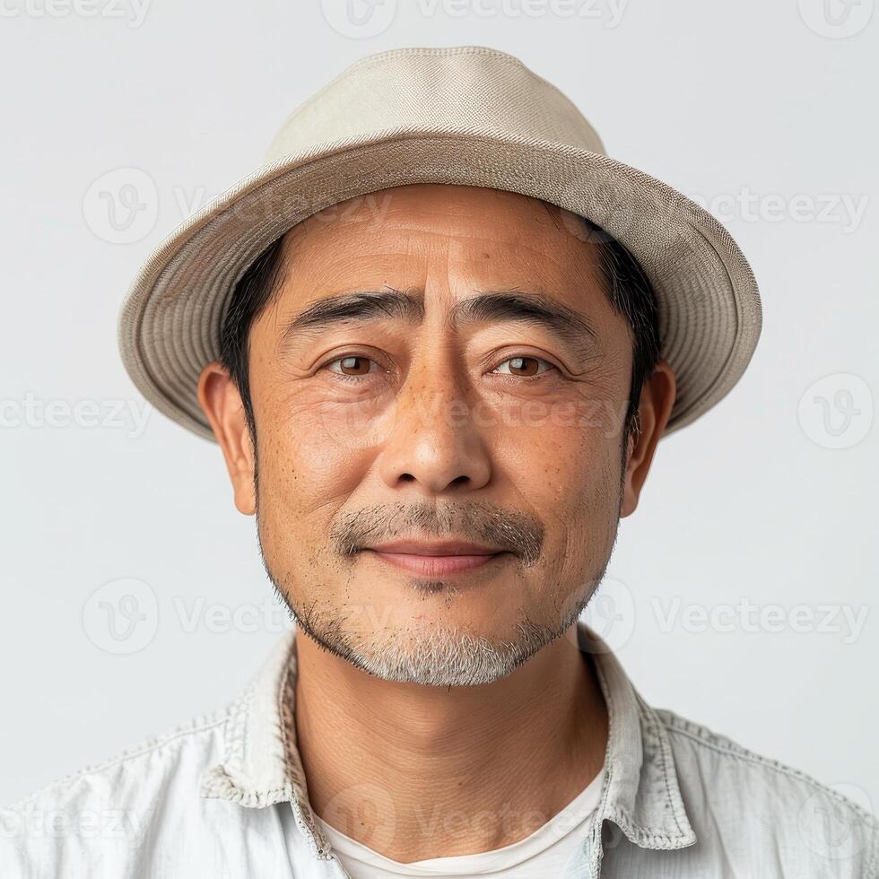 Portrait of a Middle-Aged Man Wearing a Light Beige Hat photo