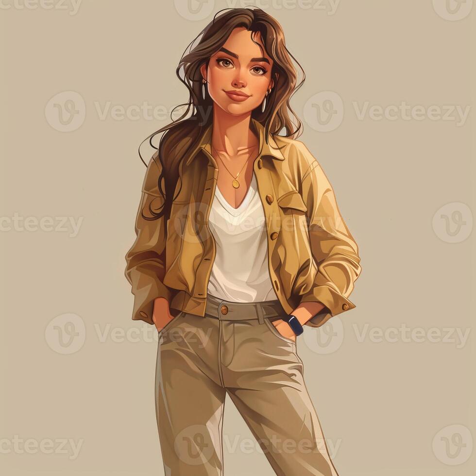 Young Woman Standing With Hands in Pockets Wearing Brown Jacket and White Shirt photo