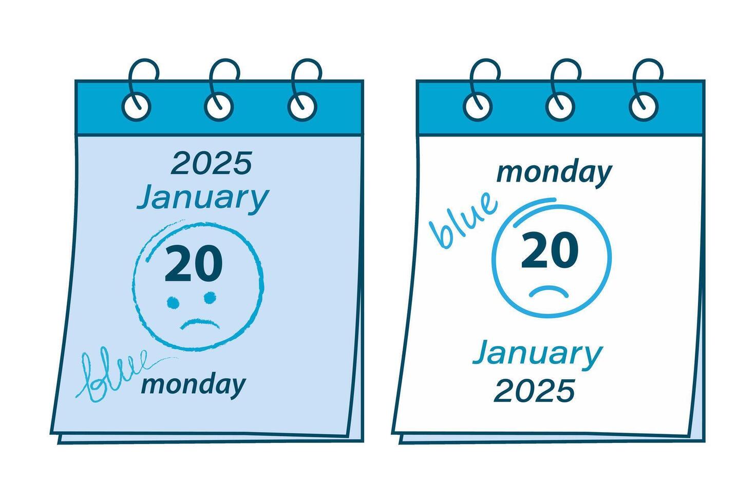 Calendar pages on spring with inscription 2025 January 20, Monday, sad emoticon and lettering blue Set of 2. Isolate EPS. Cards, poster, banner, invitation, price, label or web, promo concept vector