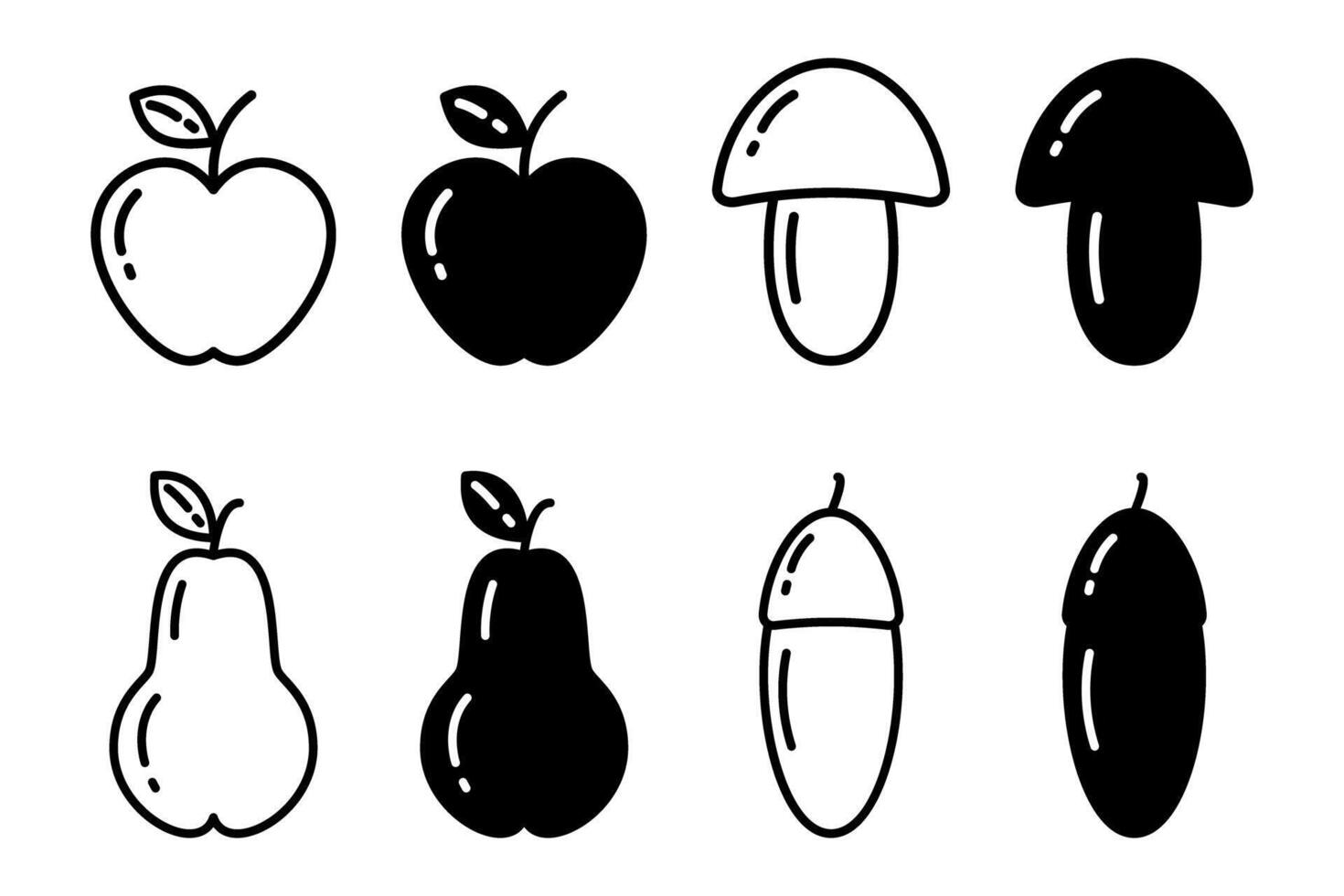Apple and Pear, Mushroom and acorn. Outline and Silhouette traditional autumn fruits. Logo concept. Set of 8. Isolate EPS . Icon, sticker, cards, poster, banner, price, label or web, promo idea vector