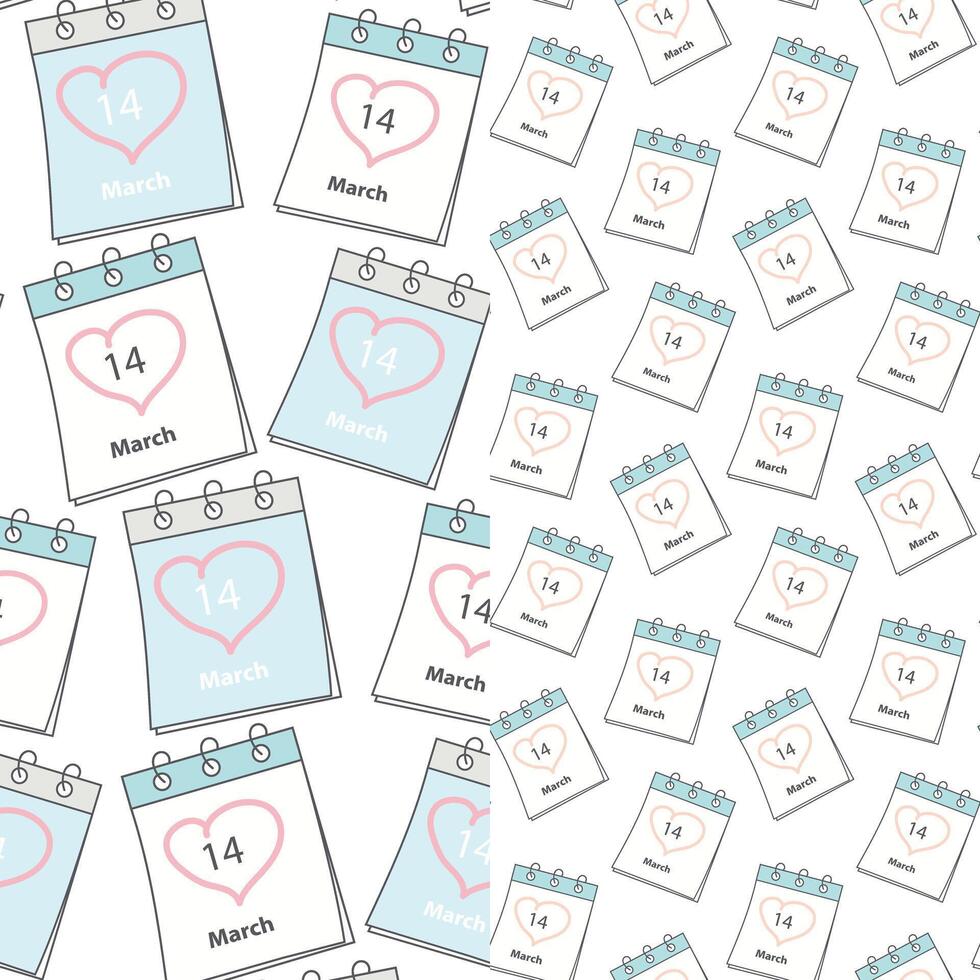 Seamless patterns calendar pages with White Day date March 14 and heart shaped stroke. Set of 2. Isolate. EPS. for wrapping, wallpaper, package or web, cards, poster, promo or price tag, label vector