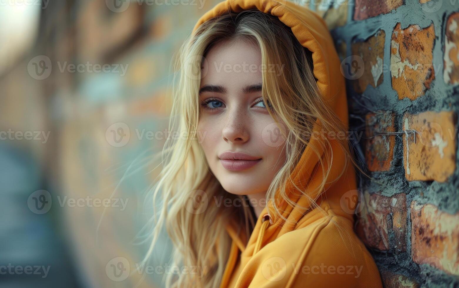 A Moment of Calm in a City's Bustle, A Young Woman in a Yellow Hoodie Leans Against a Brick Wall, Her Blue Eyes Gazing Into the Distance, Soft Sunlight Painting Her Features in a Gentle Glow photo