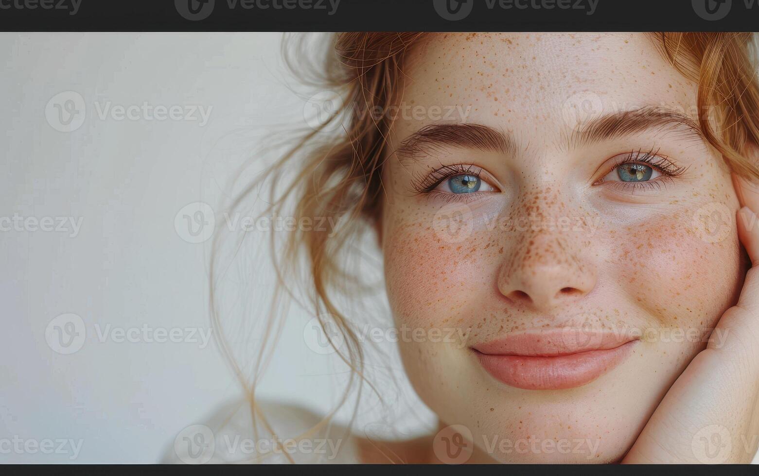 A Close-Up Portrait of a Woman With Freckles and Blue Eyes, Softly Smiling Against a White Background photo