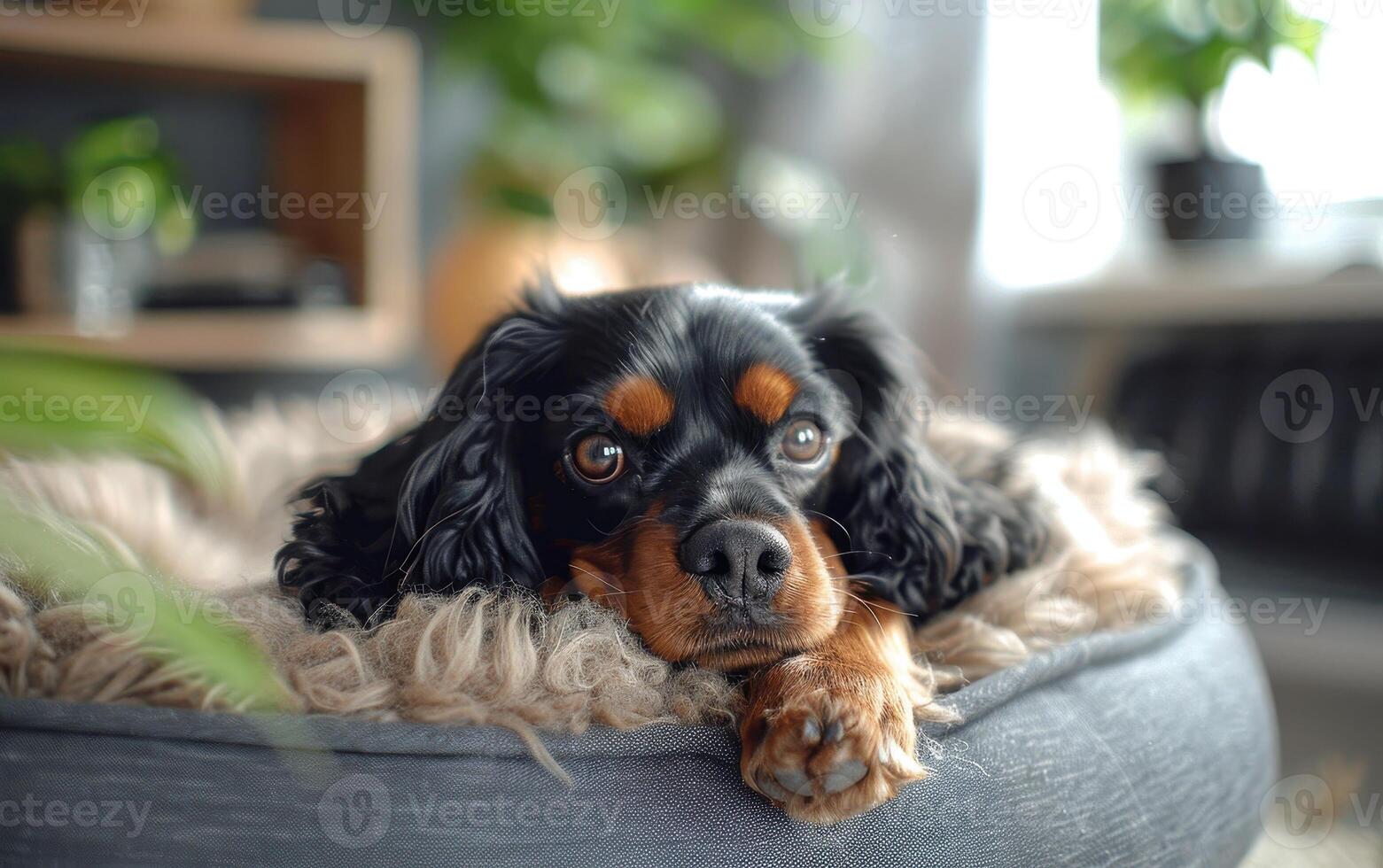 A Cavalier King Charles Spaniel Rests In A Cozy Bed With A Peaceful Gaze photo