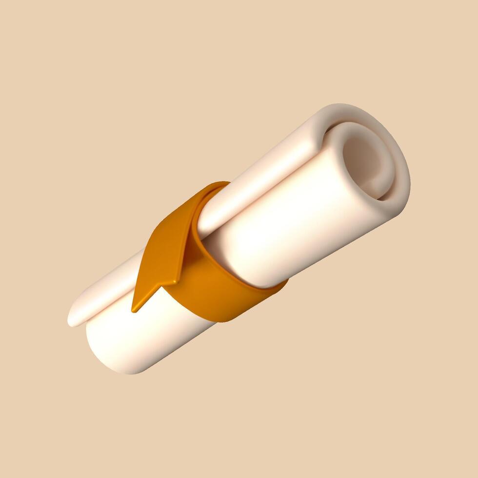 Diploma scroll icon. 3D representation of a university certificate, business license, or graduation document. vector