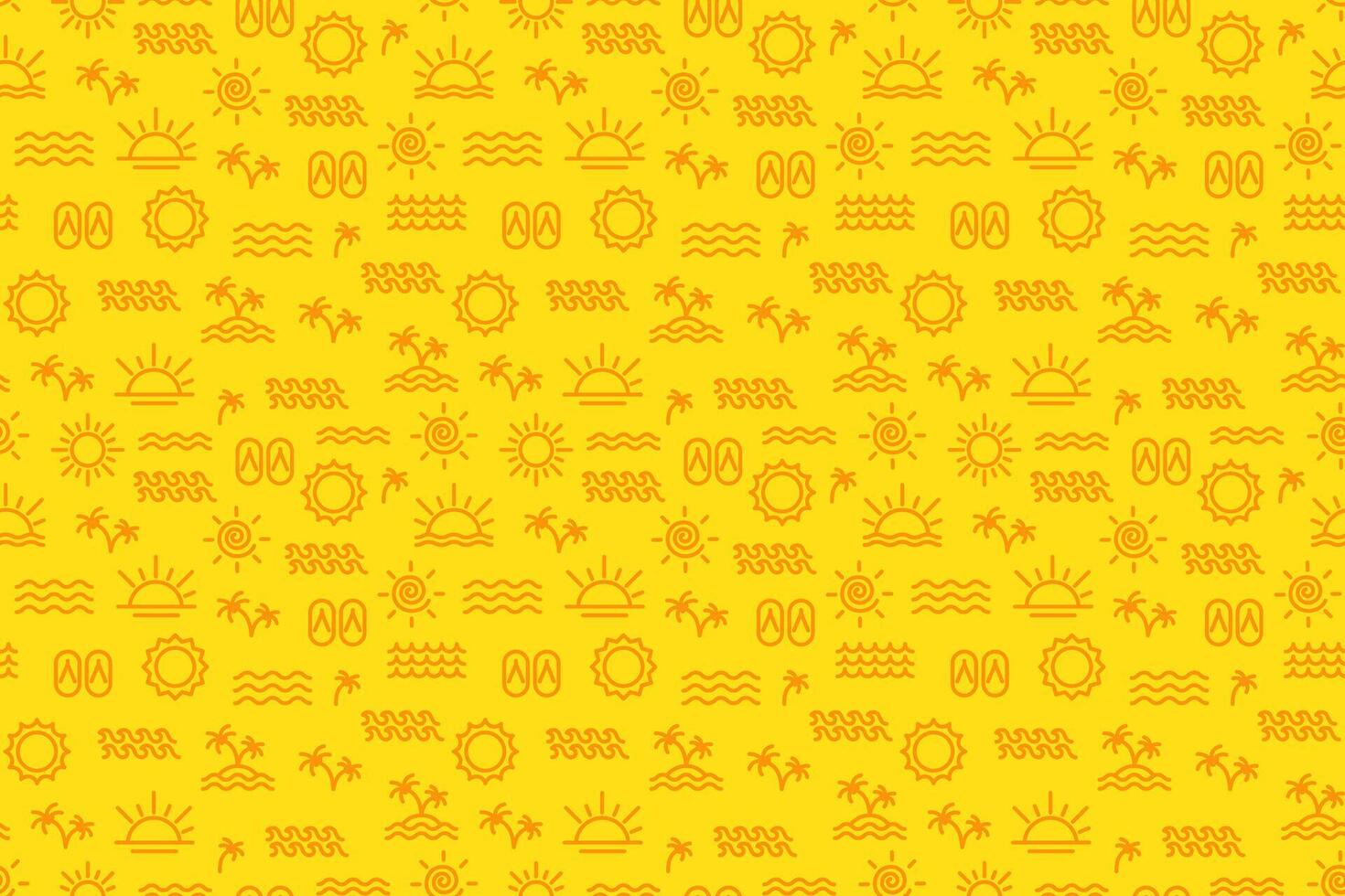 Seamless summer pattern on a blue background featuring outline icons such as sun, beach, sandals and palm trees. vector