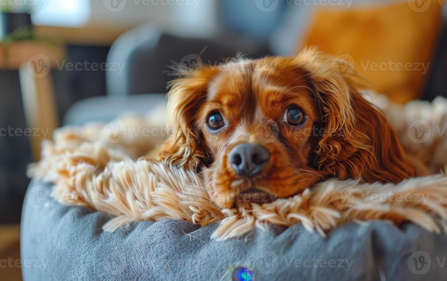 A Cavalier King Charles Spaniel Resting in a Cozy Dog Bed photo