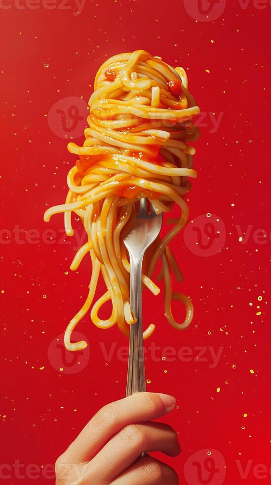 Hand Holding Fork With Spaghetti and Red Sauce Against Red Background photo