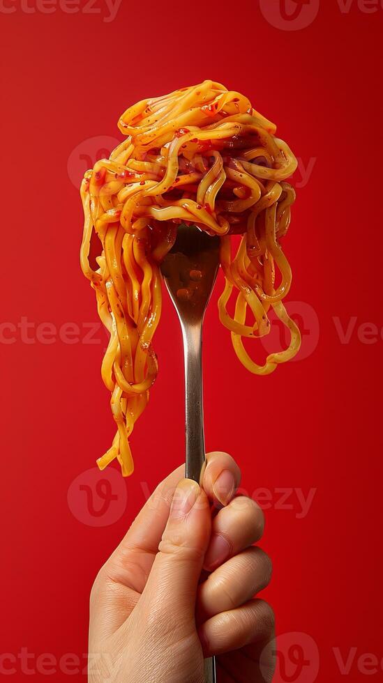 A Single Forkful of Spicy Noodles Against a Red Background photo